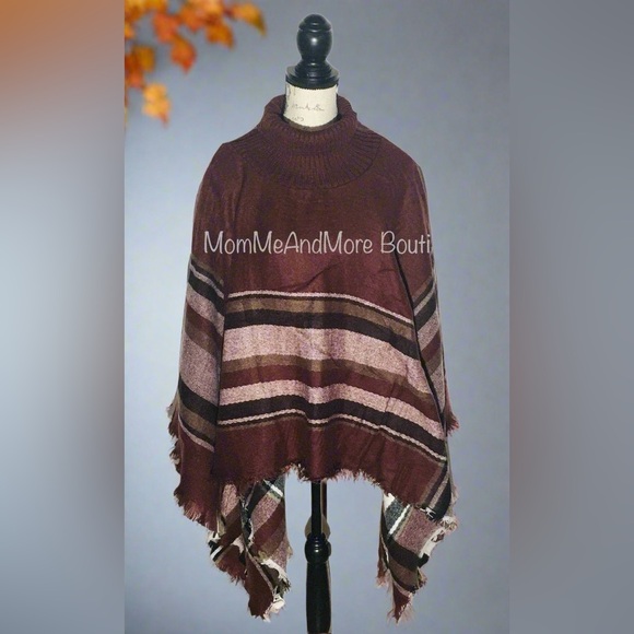 NEW Womens Neutral Brown Plaid Poncho, Warm Shrug, Fall Shawl - Picture 5 of 8
